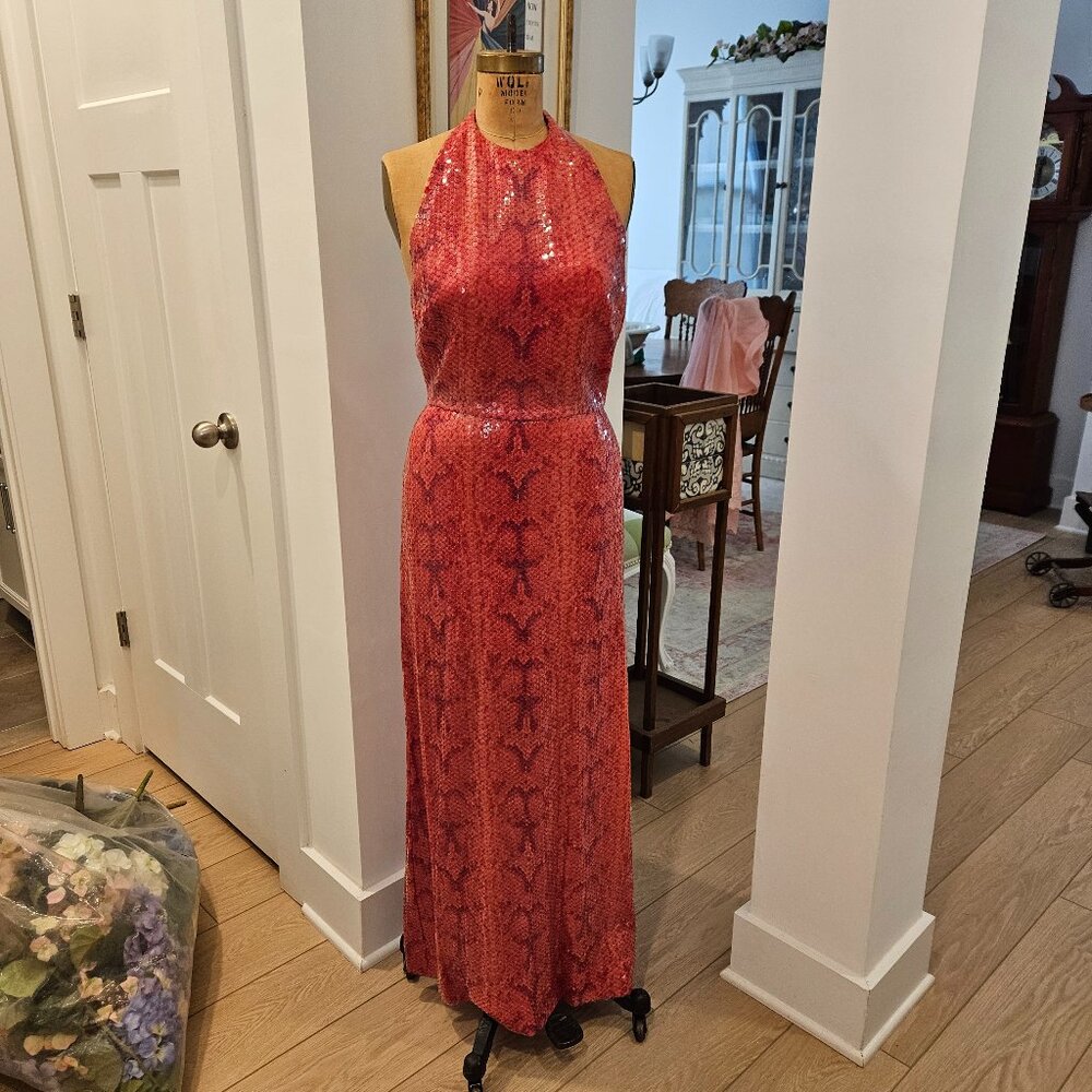 Bill Blass red sequin snakeskin halter gown, 1974